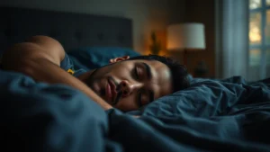 Athlete sleeping peacefully in a dark bedroom with morning light filtering through curtains, serene and restful atmosphere, close-up of relaxed face on pillow