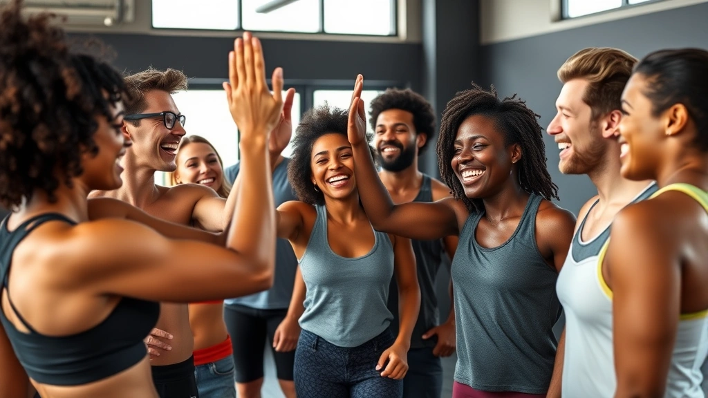 Group of diverse people laughing together after a workout class, high-fiving in a gym setting, genuine joy and camaraderie, natural lighting, candid moment
