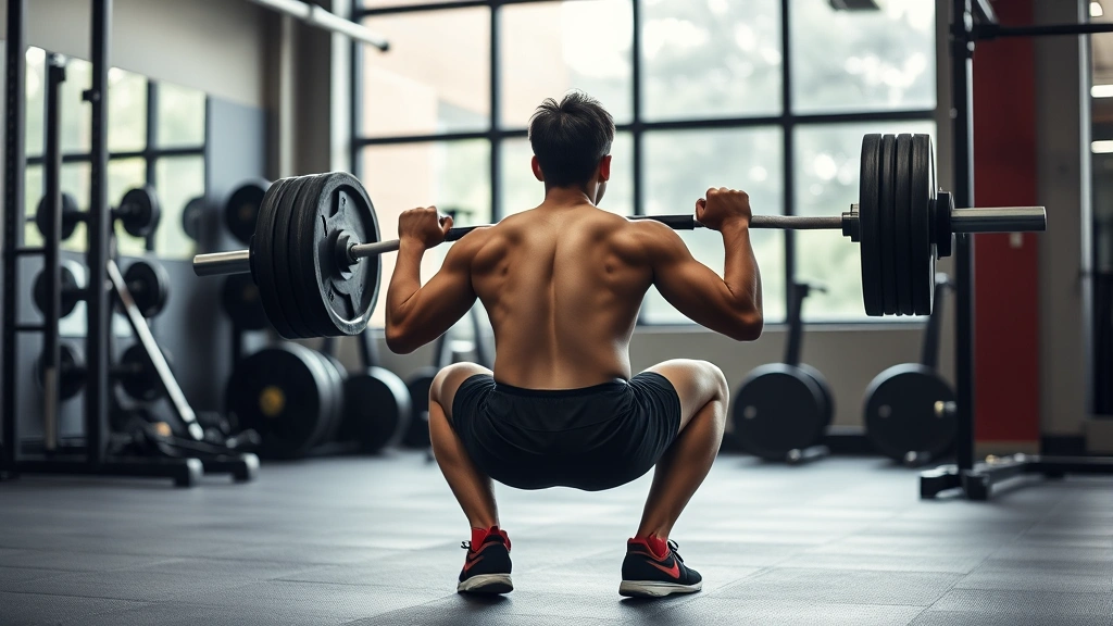 Athletic person performing a barbell back squat in a modern gym with proper form, focusing on leg drive and controlled descent, natural gym lighting