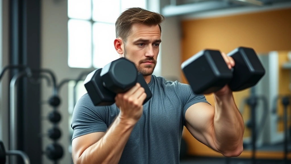 Person doing a dumbbell exercise in a bright gym with natural light, focused expression, mid-movement showing proper form and engagement