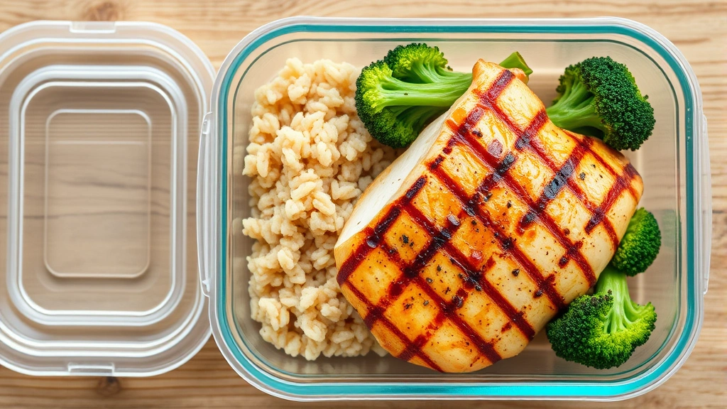 Overhead shot of a meal prep container with grilled chicken breast, brown rice, and steamed broccoli on a wooden table, fresh and appetizing