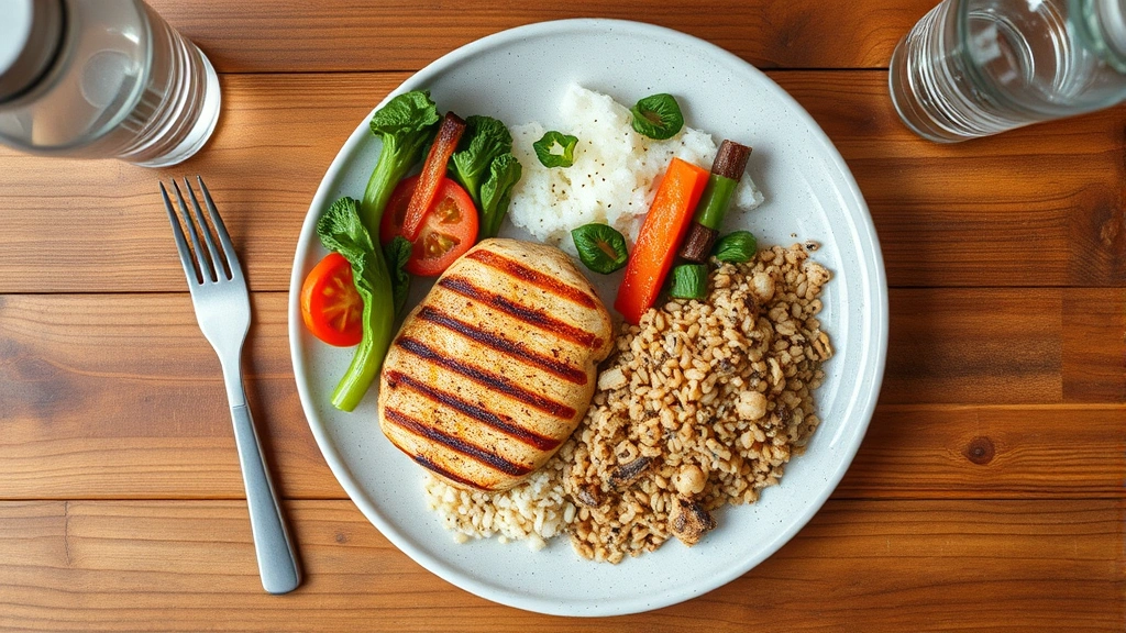 Overhead shot of a balanced meal plate with grilled chicken, vegetables, and grains on a wooden table with water bottle nearby
