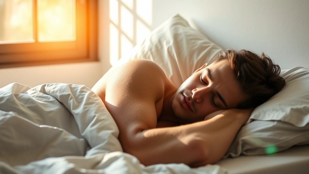 Person sleeping peacefully in bed with natural morning sunlight coming through window, representing recovery and rest for muscle growth