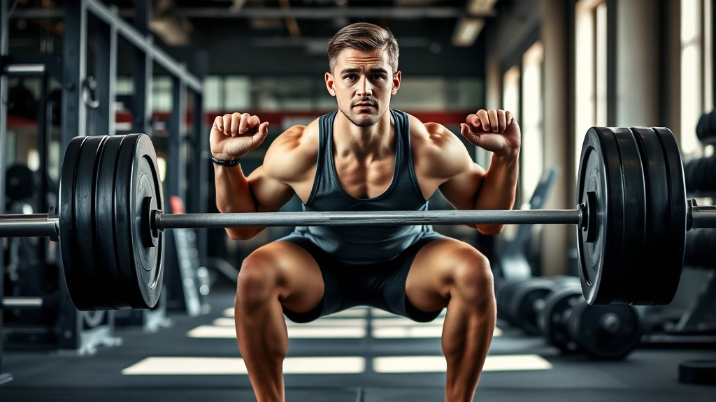 Athletic person in gym doing barbell squats with perfect form, focused expression, strength training environment with weights visible, natural gym lighting