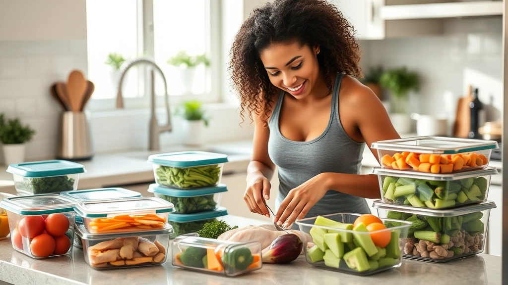 Fit individual meal prepping healthy protein-rich foods in kitchen, preparing chicken and vegetables, organized meal containers on counter, natural daylight