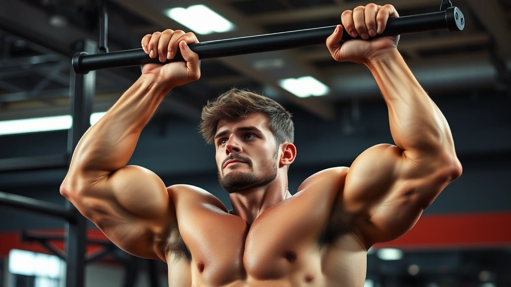 Strong person doing pull-ups or chin-ups, defined muscles, gym setting, concentrated effort, athletic build demonstration