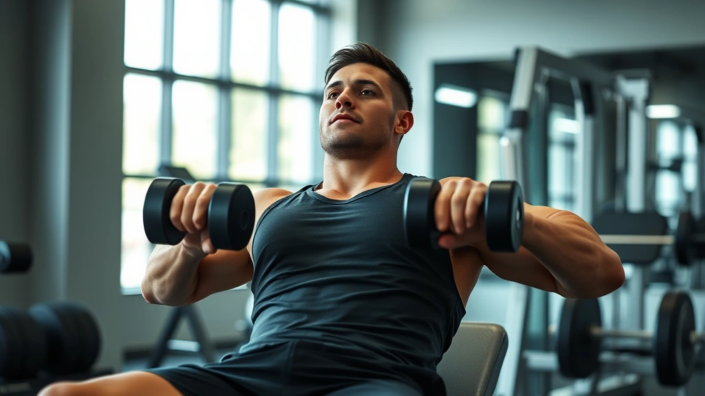 Athletic person performing a dumbbell bench press with controlled form in a modern gym, focused facial expression showing effort and concentration, natural gym lighting