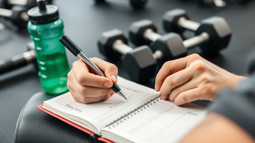 Close-up of someone's hands writing workout progress in a notebook with dumbbells and water bottle visible on a gym bench, organized training log