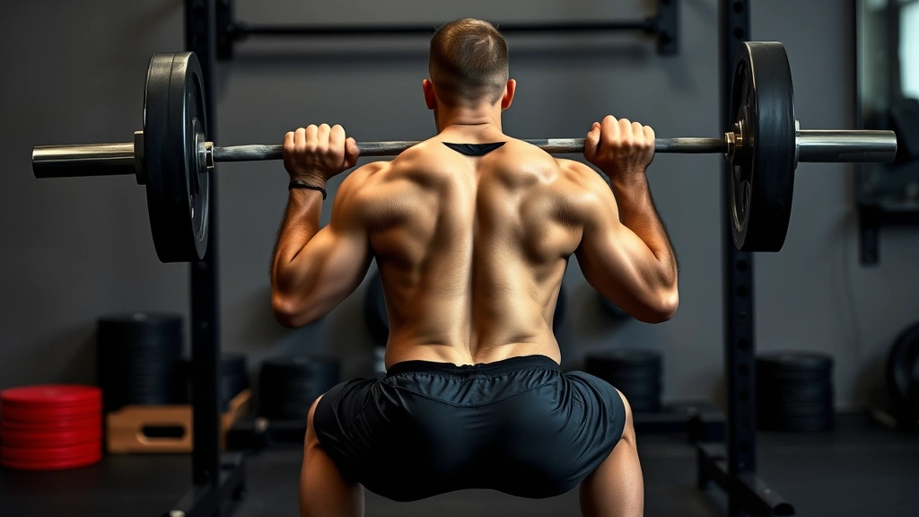 Person doing a deep barbell back squat with proper form, full range of motion, gym setting with plates and rack in background, strong determined posture