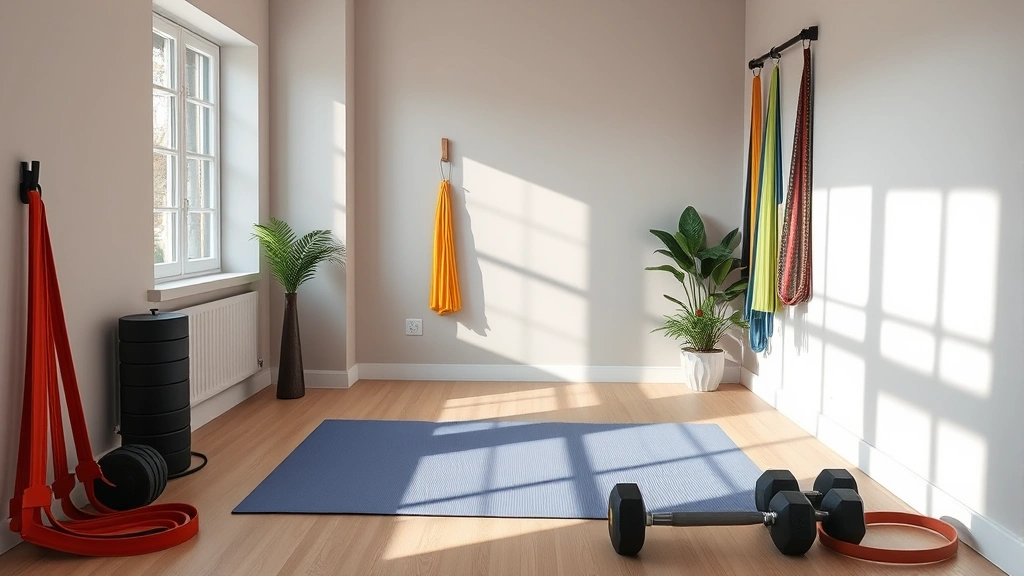 Wide shot of a home corner gym setup with yoga mat, dumbbells, and resistance bands, natural light, minimal but functional, inviting space for movement