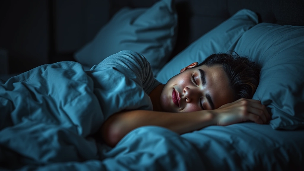 Person sleeping peacefully in a dark, cool bedroom, comfortable bedding, peaceful expression, emphasizing rest and recovery as part of fitness journey