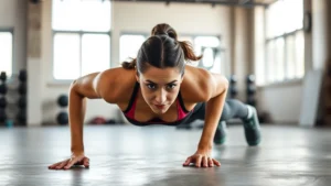 Athletic woman performing a perfect push-up in a bright, modern gym with natural light, concrete floors, and minimal equipment visible in background, focused expression, proper form