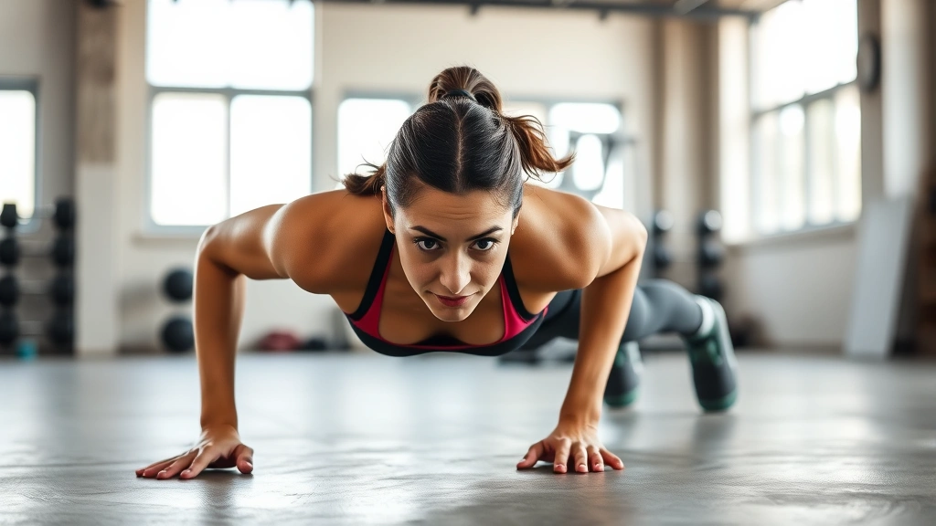 Athletic woman performing a perfect push-up in a bright, modern gym with natural light, concrete floors, and minimal equipment visible in background, focused expression, proper form