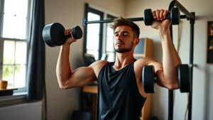 Person doing bodyweight exercises in a simple home gym with dumbbells and a pull-up bar, focused and determined expression, natural lighting from windows
