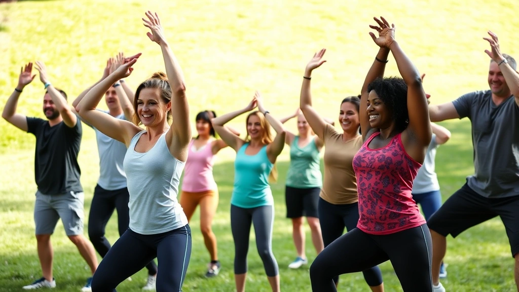 Diverse group of people doing bodyweight exercises together outdoors in a park, smiling, genuine moment of community and encouragement, natural daylight, green grass background