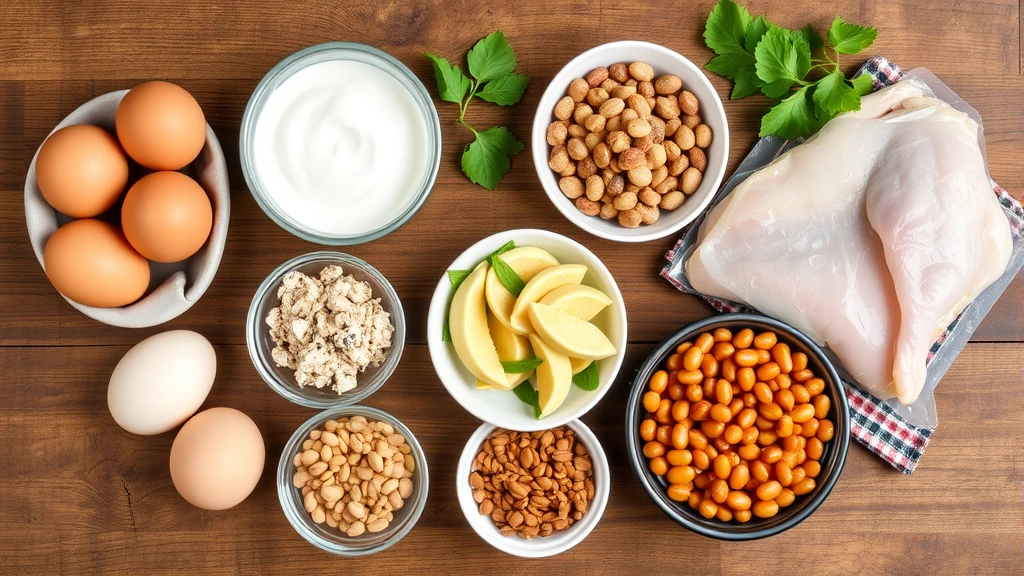 Overhead shot of affordable protein-rich foods: eggs, Greek yogurt, canned tuna, chicken, beans, and lentils arranged on a wooden table
