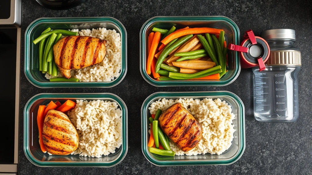 Overhead view of meal prep containers with grilled chicken, rice, vegetables, and water bottle on kitchen counter