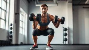 Person doing a dumbbell squat in a bright, modern gym with natural light, focused expression, athletic wear, showing proper form with knees aligned
