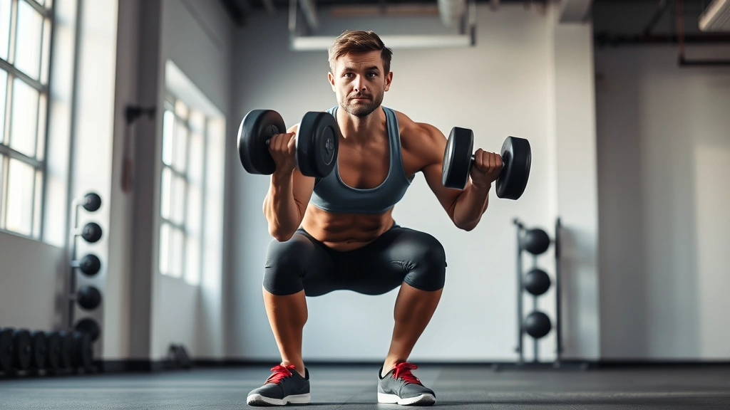 Person doing a dumbbell squat in a bright, modern gym with natural light, focused expression, athletic wear, showing proper form with knees aligned