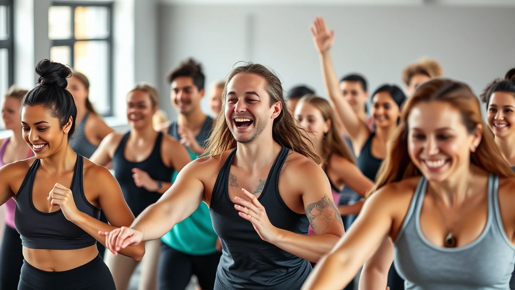 Diverse group of people doing a group fitness class together, smiling and engaged, supportive community atmosphere, energetic but not chaotic