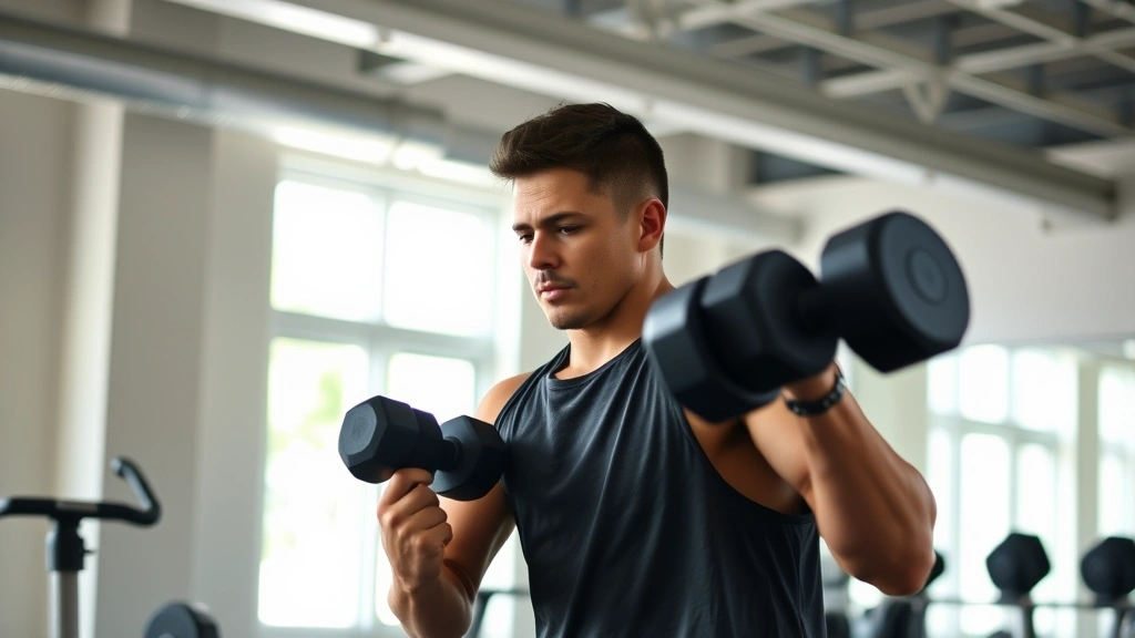 Person doing a strength training workout in a bright, modern gym with dumbbells, focused and determined expression, natural gym lighting