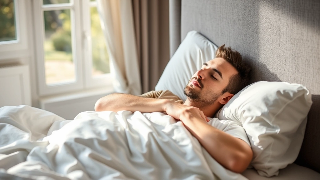Man sleeping peacefully in bed with white sheets, relaxed posture, peaceful bedroom environment, morning sunlight through window