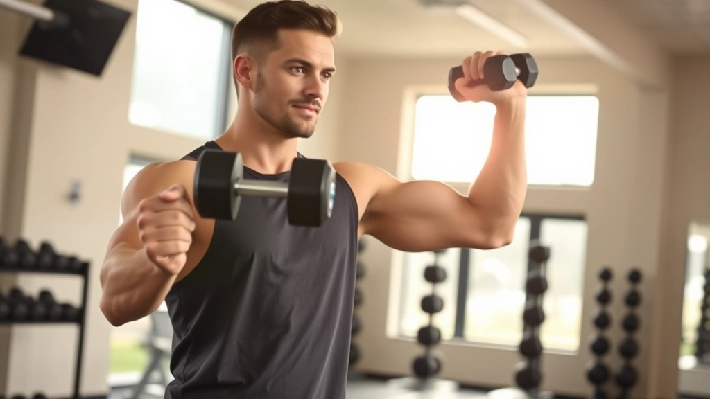Person performing a dumbbell strength training exercise in a bright, welcoming gym with natural light streaming through windows, showing proper form and confident posture