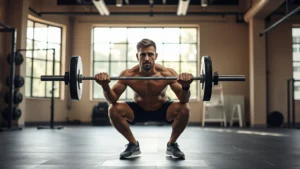 Athletic person performing a barbell squat with perfect form in a bright, modern gym with natural light streaming through windows, focused expression, proper depth