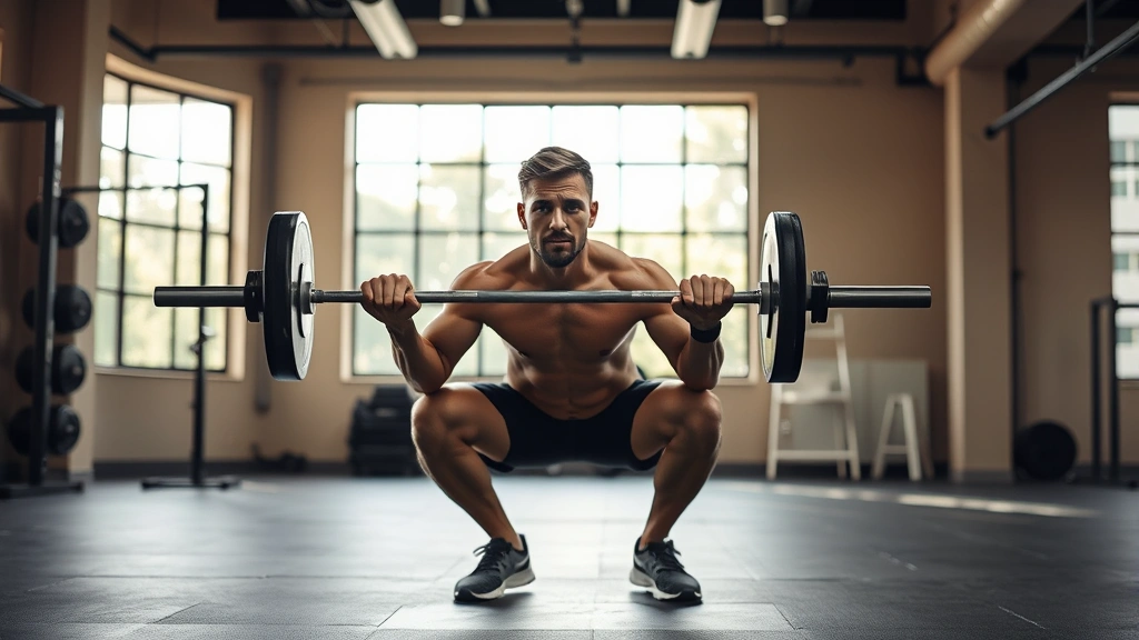 Athletic person performing a barbell squat with perfect form in a bright, modern gym with natural light streaming through windows, focused expression, proper depth