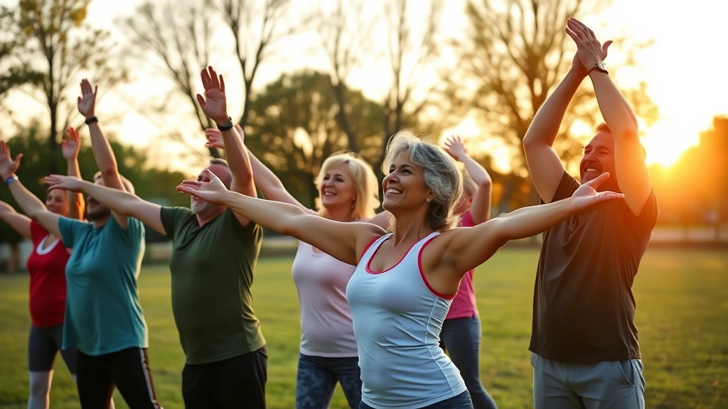Diverse group of people of various ages stretching and smiling together outdoors in a park during golden hour sunset, showing community and joy in fitness