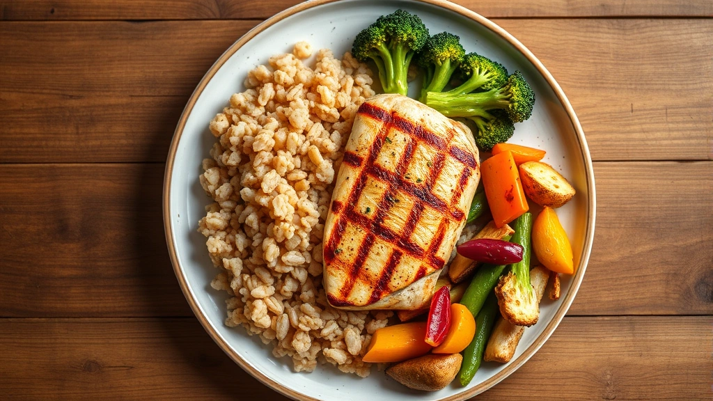 Overhead shot of a balanced meal plate with grilled chicken breast, brown rice, roasted broccoli, and colorful vegetables on a wooden table