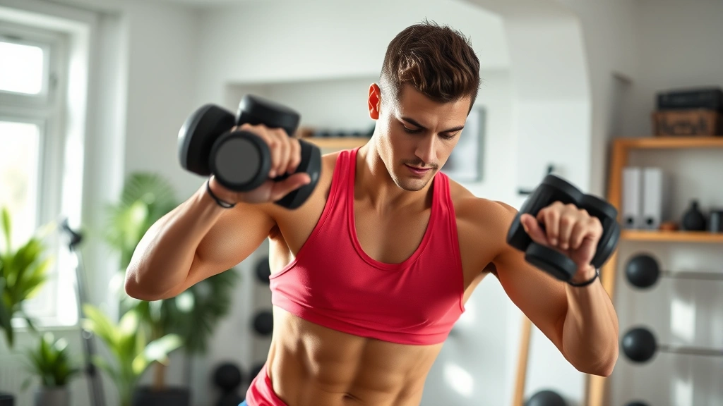 Person doing a dumbbell exercise in a home gym with natural light, focused form, athletic wear, genuine effort visible