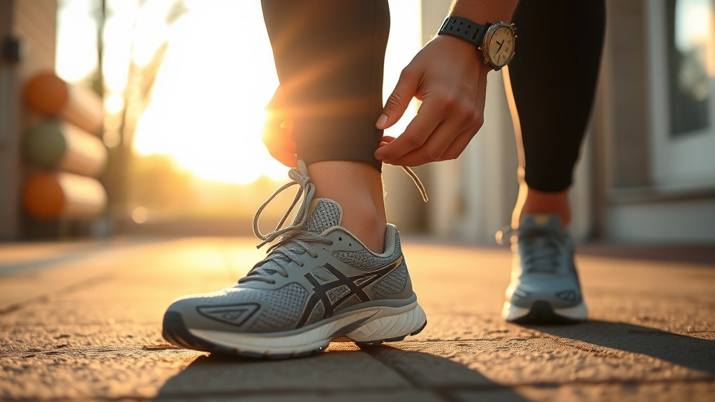 Person tying running shoes in morning light, focused and ready to start the day, athletic wear, natural home setting
