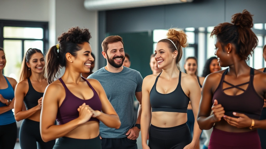 Group of diverse people laughing together during a fitness class, supportive community atmosphere, gym or studio setting, positive energy