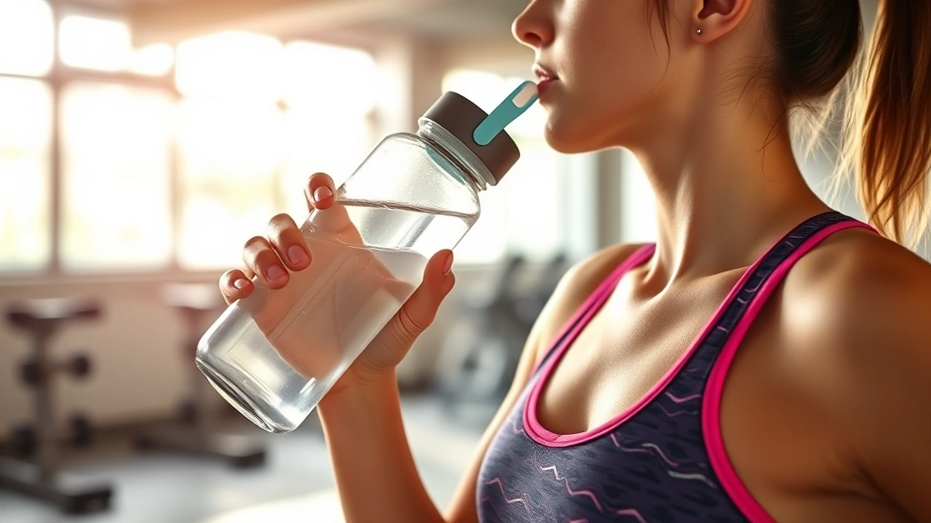 Someone drinking water after a workout, holding a water bottle, wearing gym clothes, natural gym environment in background