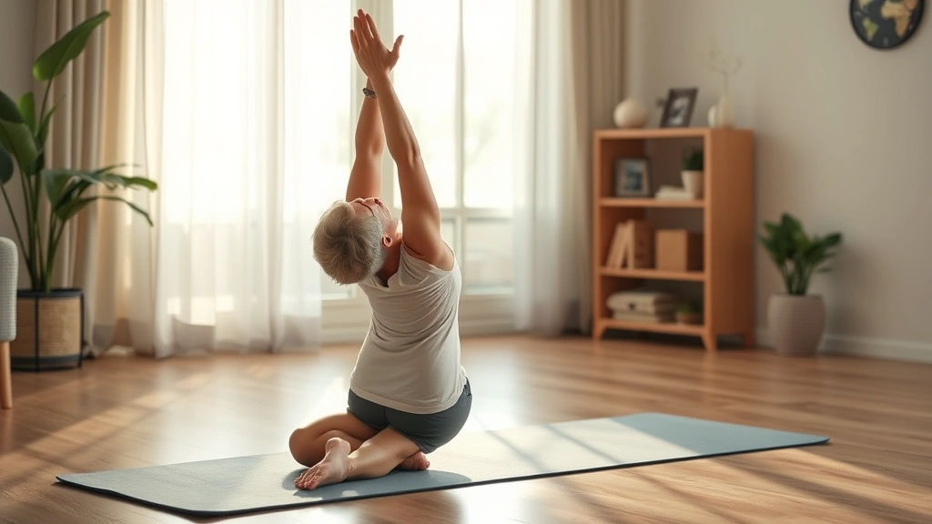Person stretching peacefully on a yoga mat at home, recovery and mobility focus, calm lighting, wellness-oriented environment