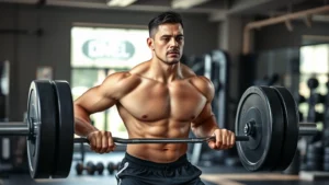 Athletic person performing a deadlift with proper form in a well-lit gym, focused expression, natural lighting, muscular definition visible, gym floor and weights blurred in background