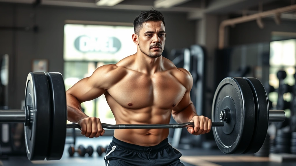 Athletic person performing a deadlift with proper form in a well-lit gym, focused expression, natural lighting, muscular definition visible, gym floor and weights blurred in background