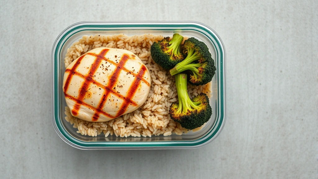Overhead shot of a meal prep container with grilled chicken breast, brown rice, and roasted broccoli, fresh and appetizing, neutral background, natural daylight