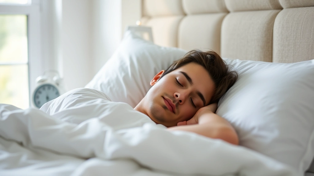 Person sleeping peacefully in bed with natural light from window, looking relaxed and well-rested, white sheets, serene bedroom environment, no alarm clocks visible