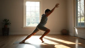 Person stretching in morning sunlight at home, relaxed and focused, barefoot on wooden floor near window with natural light streaming in, calm and peaceful atmosphere