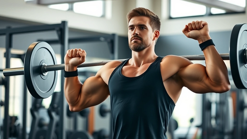 Person in gym wearing comfortable workout clothes, performing a compound lift with proper form, natural lighting showing muscle engagement and focused expression