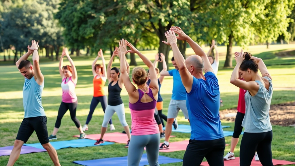 Diverse group of people stretching and cooling down together after outdoor fitness session in natural park setting with trees and grass visible