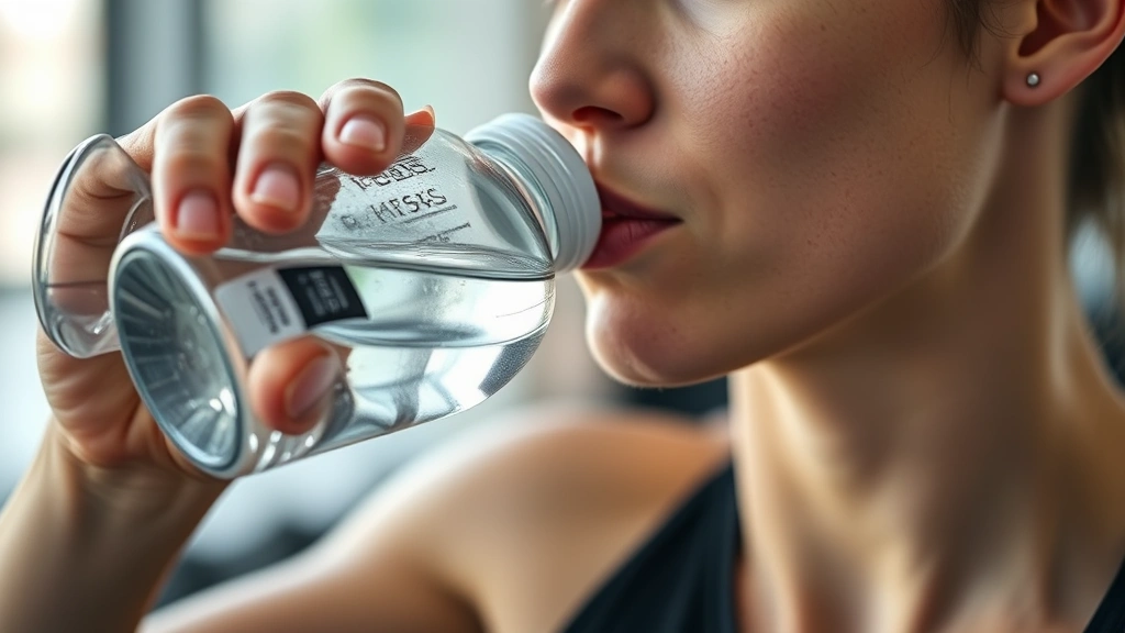 Close-up of someone drinking water from a bottle with blurred gym or outdoor background, showing hydration and recovery focus