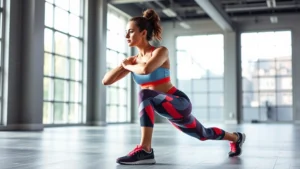 Athletic woman in colorful workout gear doing a lunge stretch in a bright, modern gym with natural light coming through large windows, focused expression