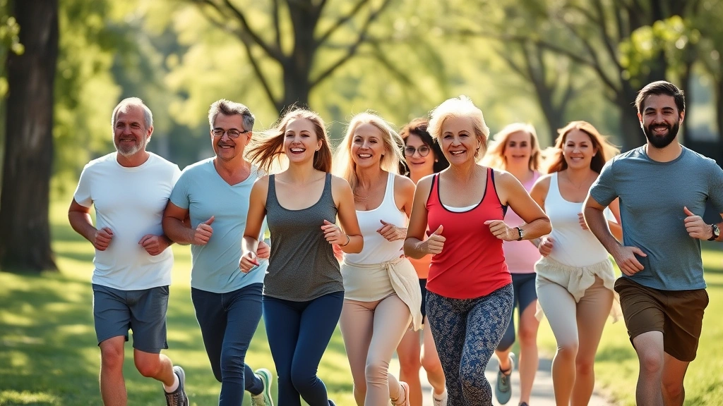 Group of diverse people jogging together outdoors in a sunny park, various ages and body types, genuine smiles, morning or afternoon light