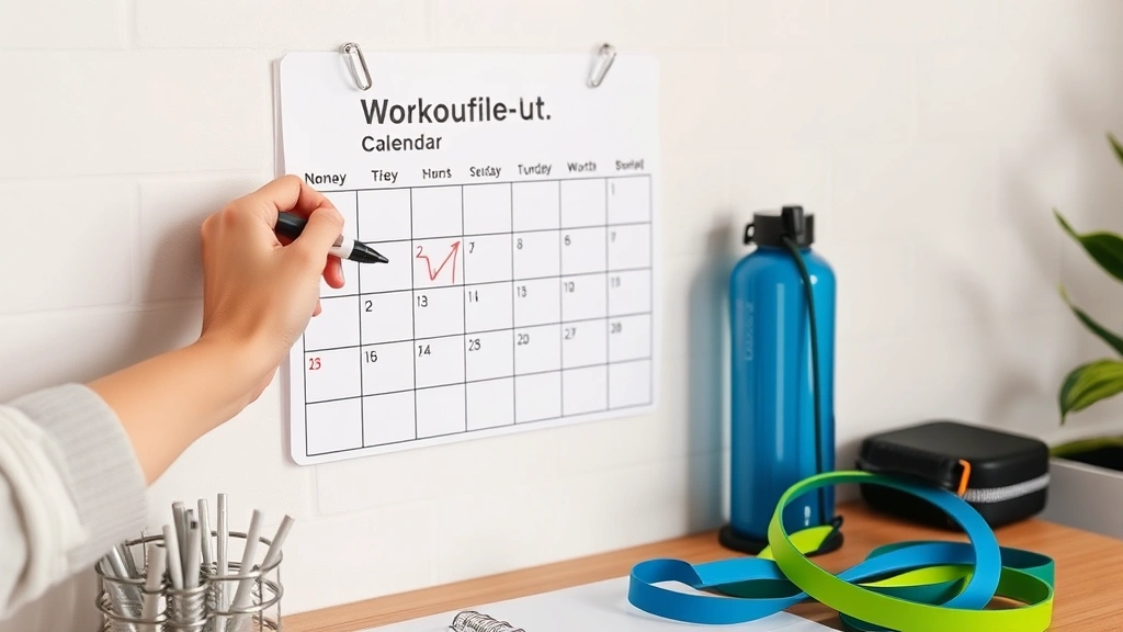 Person checking off workout completion on a wall calendar with a marker, surrounded by fitness items like water bottle and resistance bands on desk