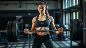 Athletic woman performing a barbell deadlift in a modern gym with natural lighting, focused expression, mid-lift position