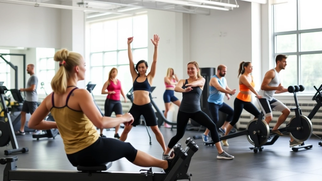 Group of diverse people doing various exercises in a bright gym—one on a rowing machine, one stretching, one with dumbbells—showing different training modalities