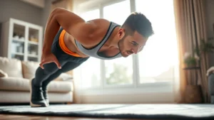 Person in athletic wear doing a push-up in their living room with natural morning light coming through the window, focused expression, comfortable home environment